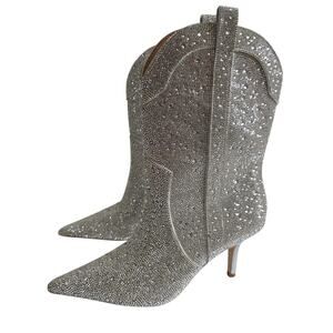Steve Madden Size 9.5 Sparkly Silver Rhinestone Pointy Toe Heeled Western Boots
